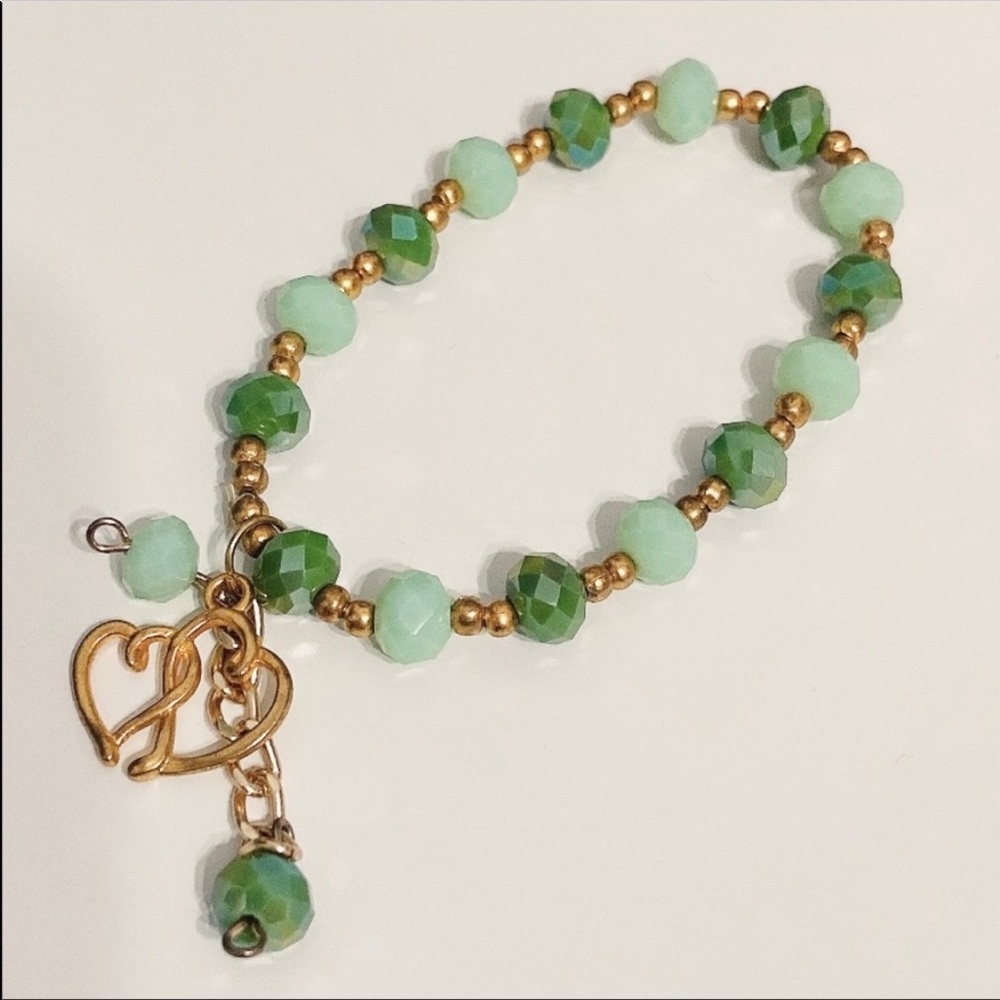 Handmade Love Heart Spell Green Gold tone Beaded Elastic Bracelet (with love)